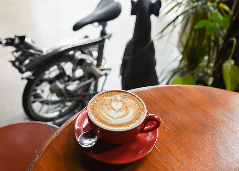 brompton bike in a cafe