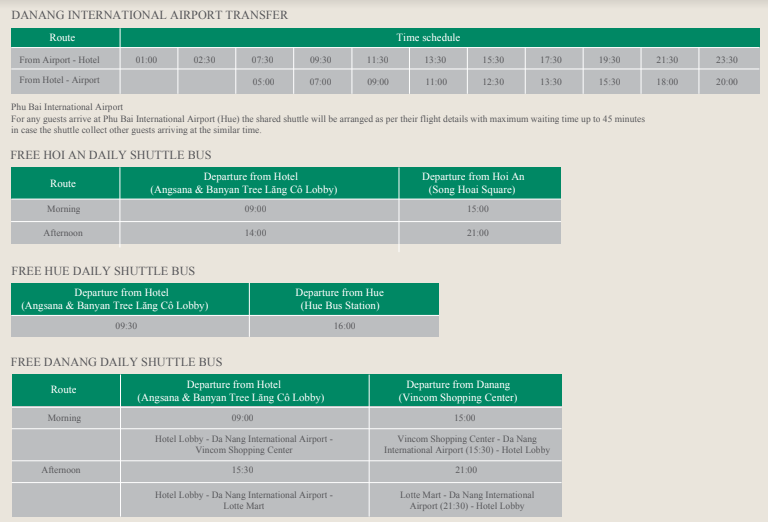 shuttle schedule to airport, da nang, hoi and and hue from banyan tree lang co